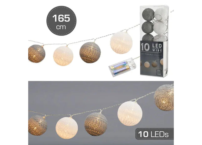 Elegante Cottonball LED-Lichterkette in Weiß & Grau - 10 LEDs, 165cm Lang, 6cm Durchmesser TK Gruppe® Grosshandel 