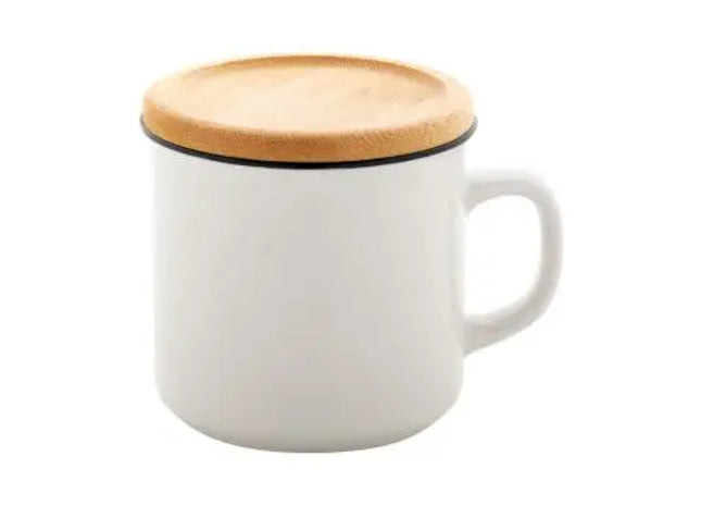 Elegante Cybele Porzellantasse 320 ml - Weiß Mit Bambusdeckel & Untersetzer Stilvoll & umweltfreundlich TK Gruppe® Grosshandel 
