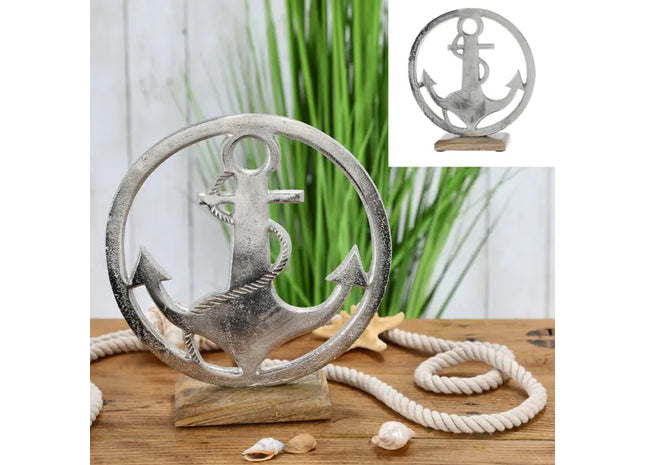Eleganter silberner Anker im Kreis auf Ständer, 25 cm Durchmesser - Deko-Highlight TK Gruppe® Grosshandel 