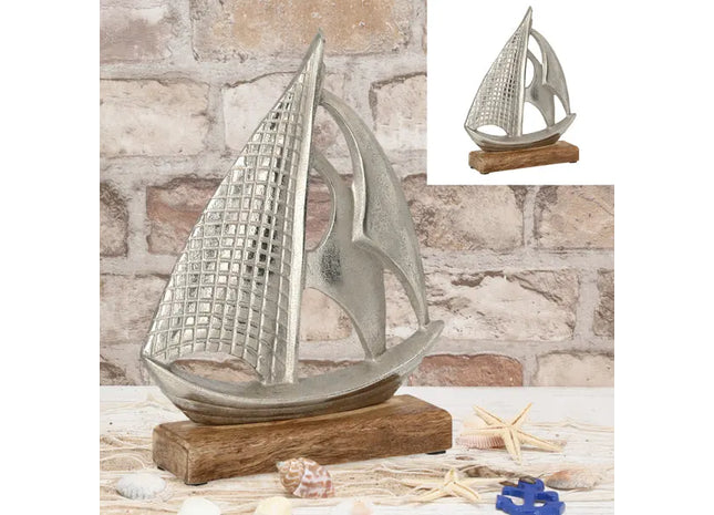 Elegantes Segelboot in Silber auf Holzfuß - Maritime Dekoration, Höhe ca. 27 cm TK Gruppe® Grosshandel 