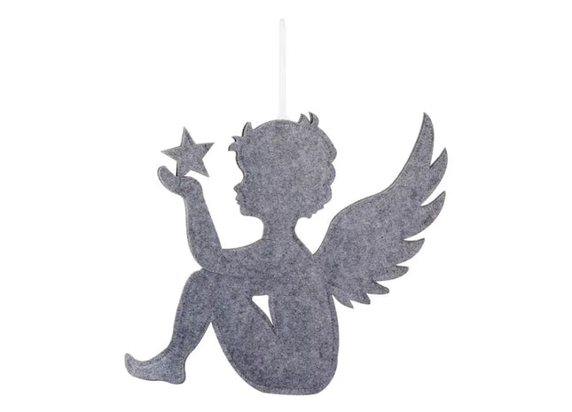 Engel zum Aufhängen, Sitzend, Grauer Filz, Mittelgroß, ca. 38 cm - Dekofigur TK Gruppe® Grosshandel 