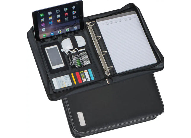 Exklusive A4 Schreibmappe mit Ringbuchmechanik aus Lederfaserstoff - edel in Schwarz TK Gruppe® Grosshandel 