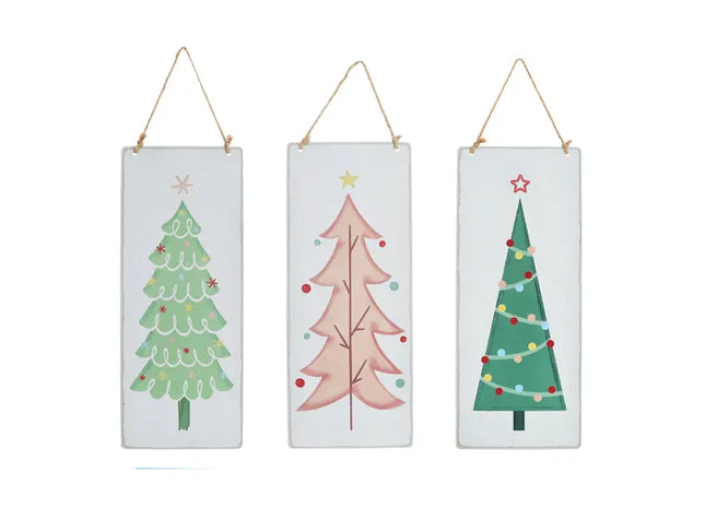 Farbiges Blechschild-Set mit Tannenbaum, 3-teilig, 10x25 cm – Vintage-Festtagsdekoration TK Gruppe® Grosshandel 
