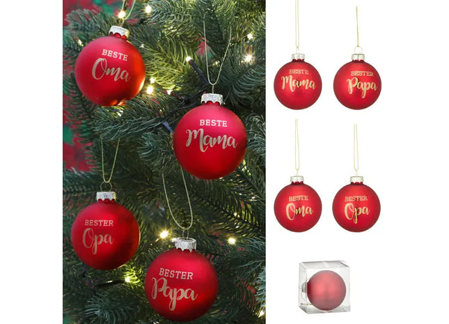 Festliche Glanzkugeln, Glas, Familienmotiv, Rot, 4er-Pack, Ca. 6cmD - Weihnachtlicher Baumschmuck TK Gruppe® Grosshandel 