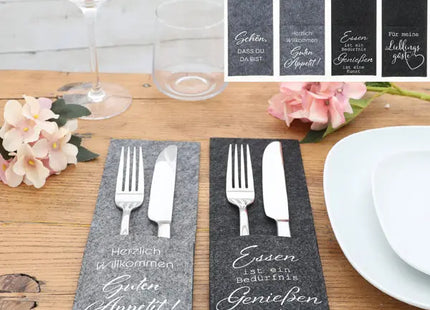 Filz-Bestecktaschen mit Sprüchen, 4er-Set, Ca. 26cm, Stilvolle Besteckhalter TK Gruppe® Grosshandel 