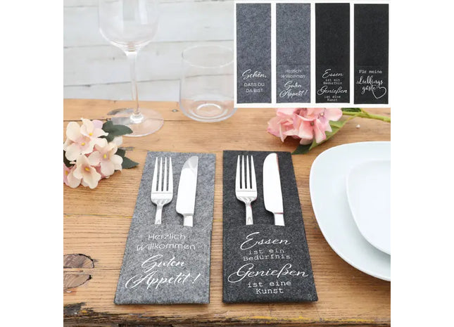 Filz-Bestecktaschen mit Sprüchen, 4er-Set, Ca. 26cm, Stilvolle Besteckhalter TK Gruppe® Grosshandel 
