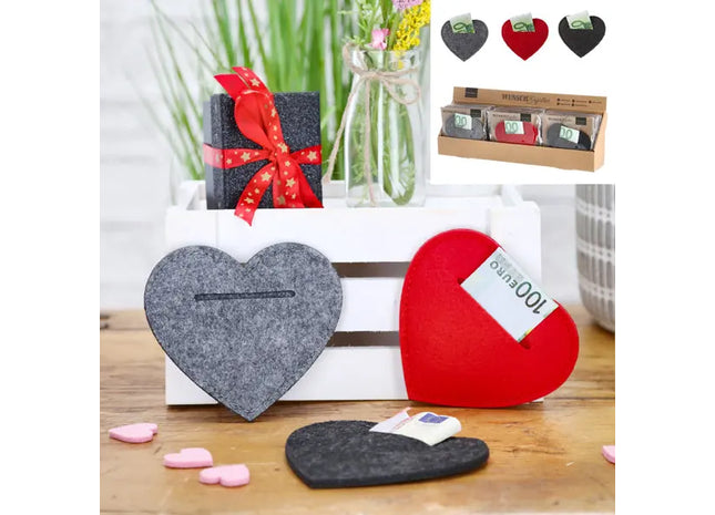 Filz-Geldgeschenkbeutel Herzform, 3er-Set, in eleganter Geschenkbox TK Gruppe® Grosshandel 