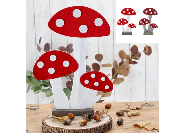 Filz-Pilze auf Holzsockel, stehende Pilze 41cm, Set mit 2, rustikale Dekoration für Zuhause TK Gruppe® Grosshandel 