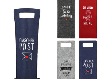 Flaschentasche aus Filz für Wein, Sort. 4 mit Sprüchen - Praktische Weinflaschentaschen TK Gruppe® Grosshandel 