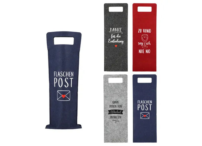 Flaschentasche aus Filz für Wein, Sort. 4 mit Sprüchen - Praktische Weinflaschentaschen TK Gruppe® Grosshandel 