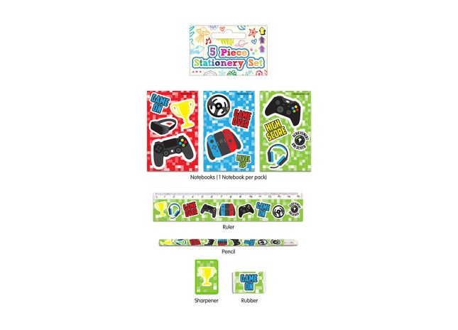 Gamer-Briefpapier-Set, 5-teiliges Set – inklusive Notizbuch, Bleistiften, Radiergummi und Lineal für Gaming-Enthusiasten TK Gruppe® Grosshandel 