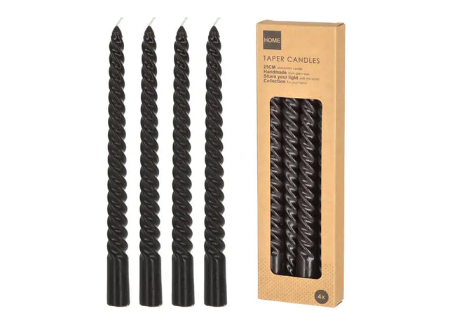 Gedrehte Stabkerzen in Schwarz, groß, 4er Set, 25cm Höhe - Elegantes Design TK Gruppe® Grosshandel 