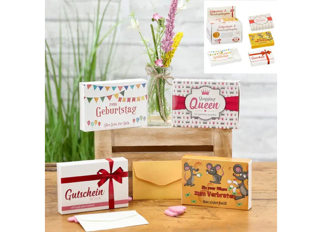 Geldgeschenk Box, bunt, 4er-Set, 24 Stück im Display, ideal für Geldgeschenke und Anlässe TK Gruppe® Grosshandel 