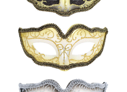 Glitzer-Augenmaske mit Metallic-Rand, 3 verschiedene Farben, Karnevals- und Partyzubehör TK Gruppe® Grosshandel 