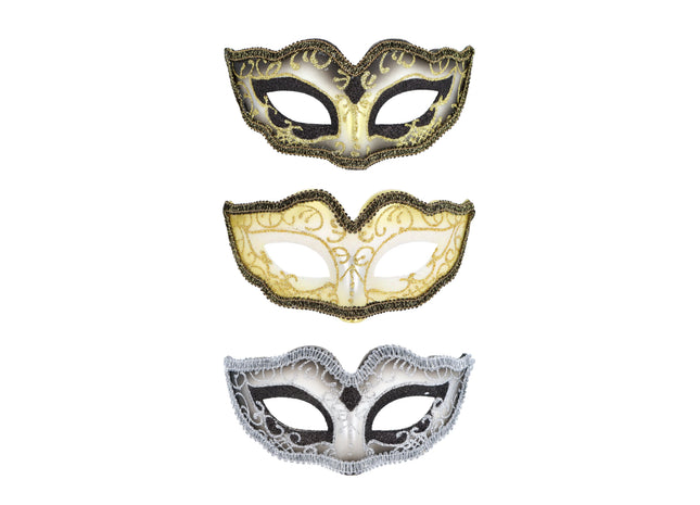 Glitzer-Augenmaske mit Metallic-Rand, 3 verschiedene Farben, Karnevals- und Partyzubehör TK Gruppe® Grosshandel 