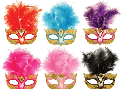 Glitzer Augenmasken mit Federn, 6 verschiedene Farben, Karneval & Party Accessoire TK Gruppe® Grosshandel 