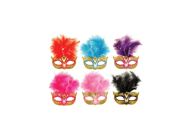 Glitzer Augenmasken mit Federn, 6 verschiedene Farben, Karneval & Party Accessoire TK Gruppe® Grosshandel 
