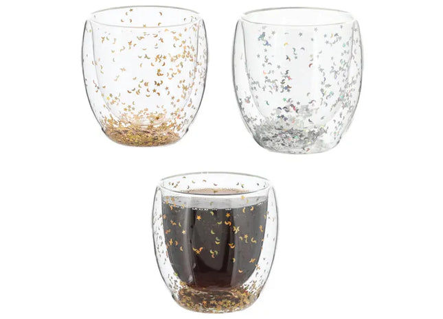 Glitzer Thermoglas Set, 2 Stück, Doppelwandig isoliert, 250ml TK Gruppe® Grosshandel 