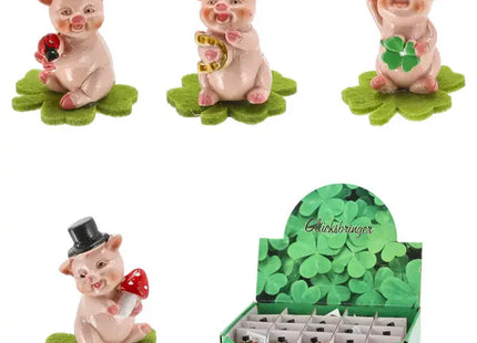 Glücksschweinchen auf Kleeblatt, 4er Set inkl. Display - Dekofiguren TK Gruppe® Grosshandel 