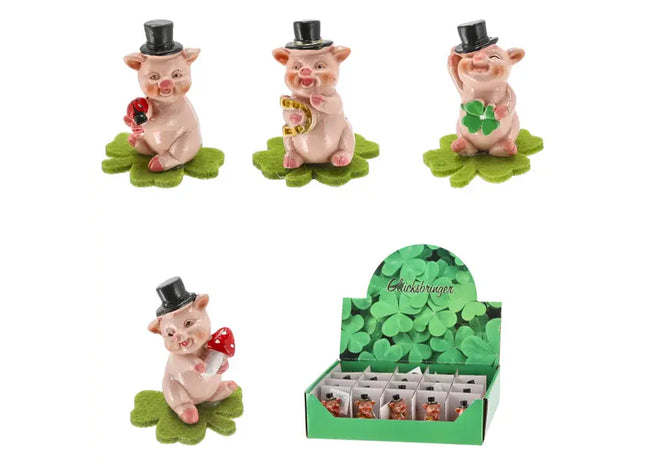 Glücksschweinchen auf Kleeblatt, 4er Set inkl. Display - Dekofiguren TK Gruppe® Grosshandel 