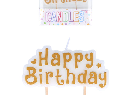 Gold-Weiß Glückwunschkerze Happy Birthday, 8,3x4 cm, 1 Stück - Geburtstagsdeko TK Gruppe® Grosshandel 