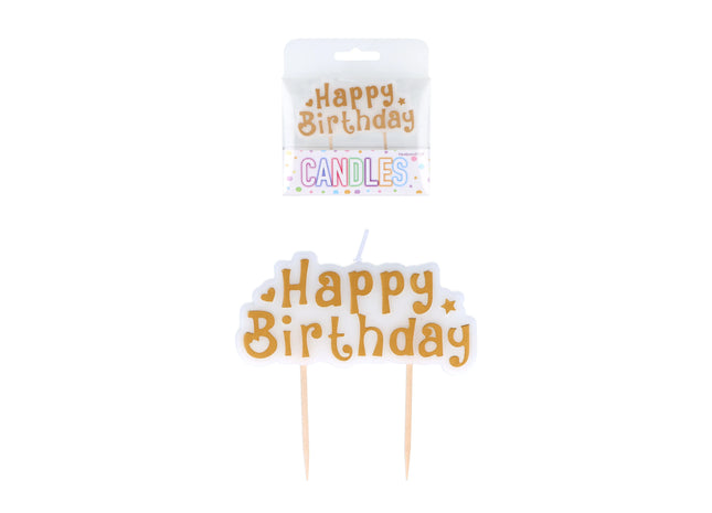 Gold-Weiß Glückwunschkerze Happy Birthday, 8,3x4 cm, 1 Stück - Geburtstagsdeko TK Gruppe® Grosshandel 