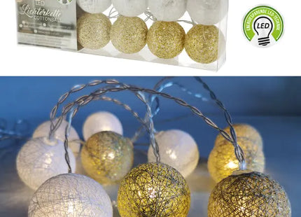 Weiß/Goldene Cottonball LED-Lichterkette, 10 LEDs, 300cm Lang, 6cm Durchmesser TK Gruppe® Grosshandel 
