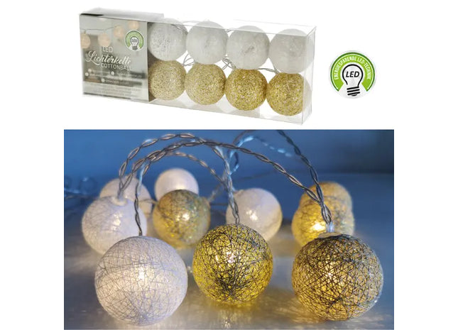 Weiß/Goldene Cottonball LED-Lichterkette, 10 LEDs, 300cm Lang, 6cm Durchmesser TK Gruppe® Grosshandel 