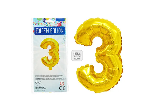 Goldener Folienballon Zahl 3 - 100 cm Höhe, Metallic Glanz, Ideal für Feste TK Gruppe® Grosshandel 