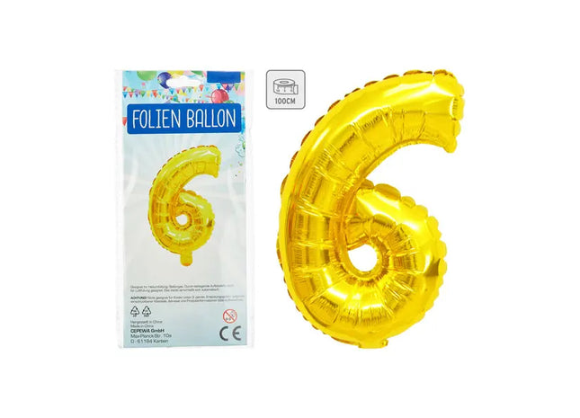 Goldener Folienballon, Zahl 6, Höhe 100 cm – Perfekt für Feierlichkeiten TK Gruppe® Grosshandel 