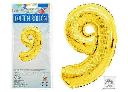Goldener Folienballon, Zahl 9, Höhe ca. 100 cm – Ideal für Feste und Feiern TK Gruppe® Grosshandel 