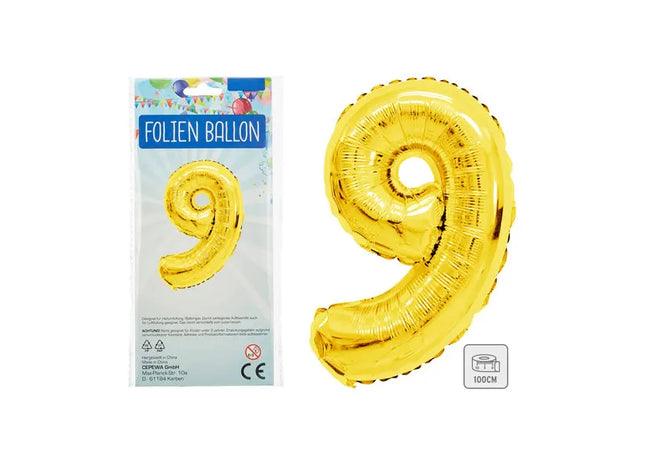 Goldener Folienballon, Zahl 9, Höhe ca. 100 cm – Ideal für Feste und Feiern TK Gruppe® Grosshandel 