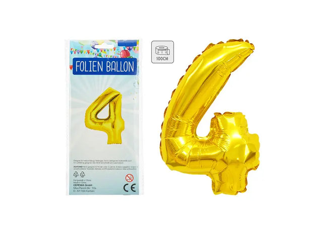 Goldener Riesenballon Zahl 4 - Glänzende Folie, 100 cm, für Feiern TK Gruppe® Grosshandel 
