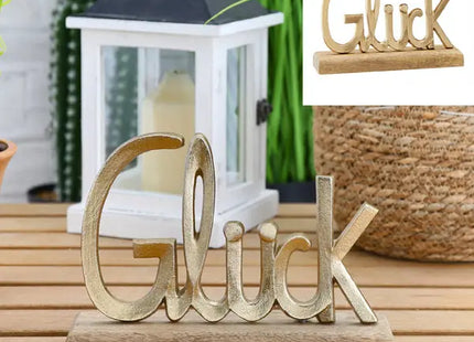 Goldener Schriftzug 'Glück' auf Sockel, ca. 18cmH - Inspirierendes Dekorationsstück für positive Stimmung TK Gruppe® Grosshandel 