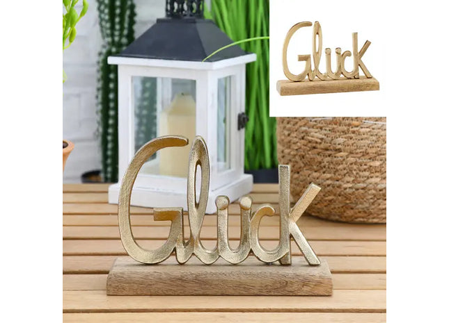 Goldener Schriftzug 'Glück' auf Sockel, ca. 18cmH - Inspirierendes Dekorationsstück für positive Stimmung TK Gruppe® Grosshandel 
