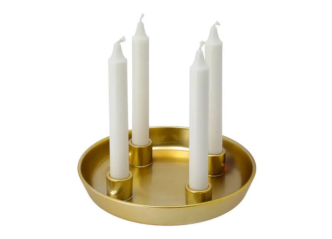 Goldenes Tablett-Set mit 4 Kerzenständern, Klein, ca. 23cm Durchmesser - Elegantes Wohnaccessoire TK Gruppe® Grosshandel 