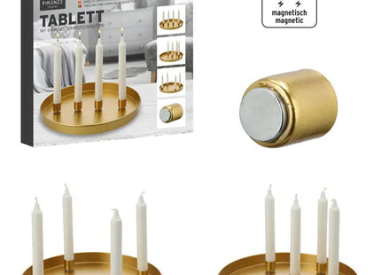 Goldenes Tablett mit 4 Magnetischen Stabkerzenhaltern - Durchmesser 30cm TK Gruppe® Grosshandel 