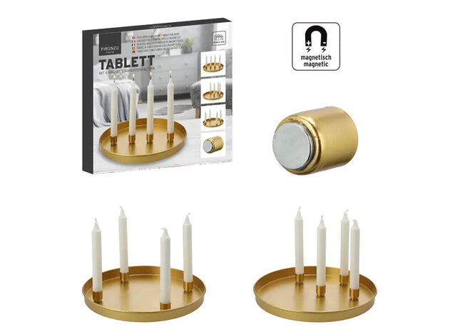 Goldenes Tablett mit 4 Magnetischen Stabkerzenhaltern - Durchmesser 30cm TK Gruppe® Grosshandel 