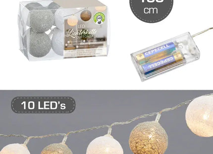 Stilvolle LED Cottonball Lichterkette in Weiß/Grau - 10 LEDs, 300cm Lang, 4cm Durchmesser TK Gruppe® Grosshandel 