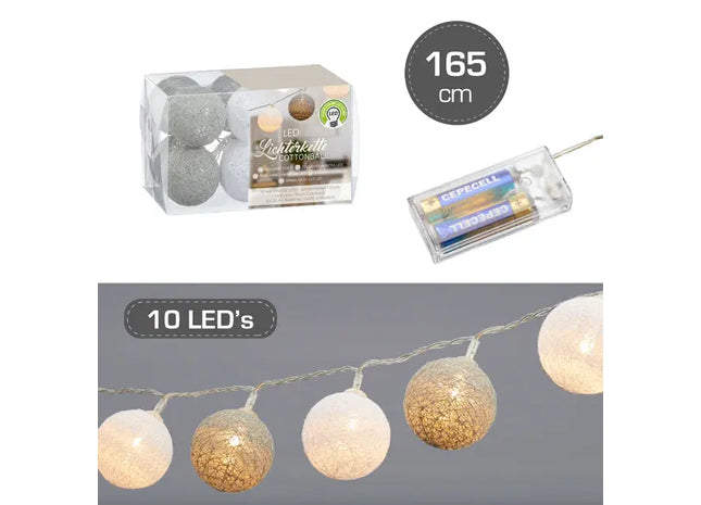 Stilvolle LED Cottonball Lichterkette in Weiß/Grau - 10 LEDs, 300cm Lang, 4cm Durchmesser TK Gruppe® Grosshandel 