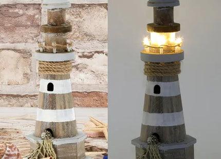 Großer LED Leuchtturm - Natur/Grau, ca. 29cm Hoch, Nautische Deko-Leuchte TK Gruppe® Grosshandel 
