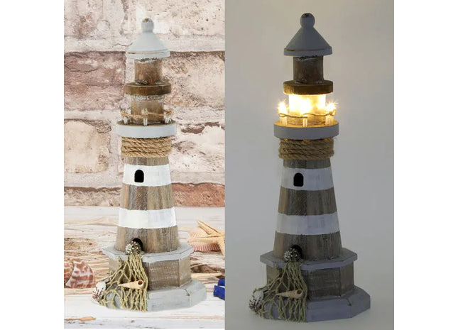 Großer LED Leuchtturm - Natur/Grau, ca. 29cm Hoch, Nautische Deko-Leuchte TK Gruppe® Grosshandel 