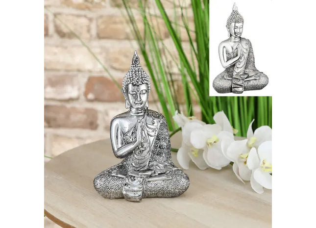Große Buddha Statue Silber, Sitzend, 17,5cmH - Dekorative Zen-Figur TK Gruppe® Grosshandel 