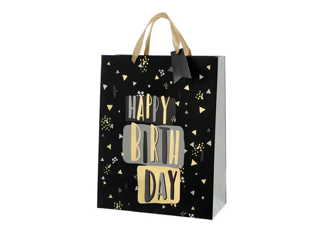 Große Elegante Geschenktüte Schwarz, Happy Birthday, 32 cm Höhe TK Gruppe® Grosshandel 