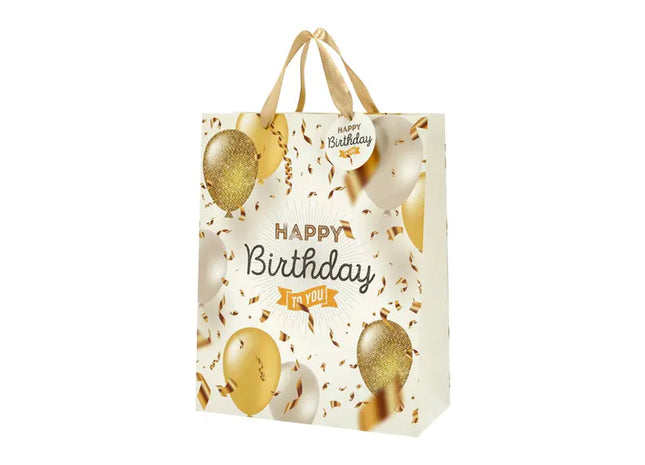 Große Geburtstagsgeschenktüte in Gold mit Ballon-Motiv, 32 cm TK Gruppe® Grosshandel 