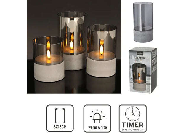 Große LED Kerze im Zementhalter, New Flame, 8x15cm TK Gruppe® Grosshandel 