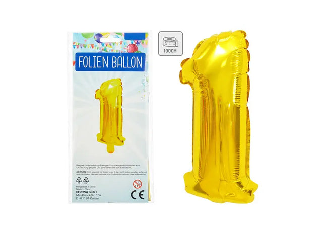 Großer Goldener Ballon Zahl 1 - Metallfolie, 100 cm, Ideal für Jubiläen TK Gruppe® Grosshandel 