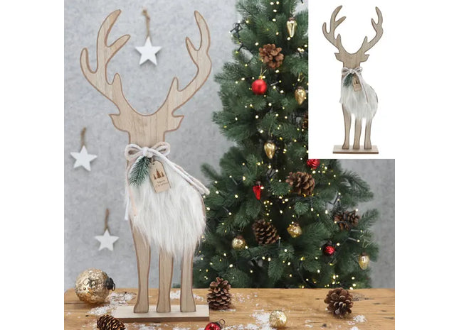 Großer Holzhirsch mit Fellbesatz, 58cm Hoch - Naturgetreue Dekofigur TK Gruppe® Grosshandel 