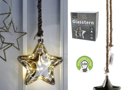 Großer LED Glasstern in Anthrazit, mit Juteseil, 15 LEDs, Ø 15 cm TK Gruppe® Grosshandel 