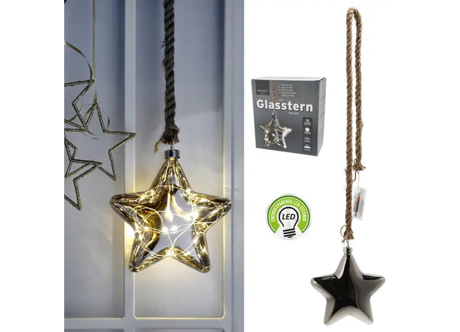 Großer LED Glasstern in Anthrazit, mit Juteseil, 15 LEDs, Ø 15 cm TK Gruppe® Grosshandel 